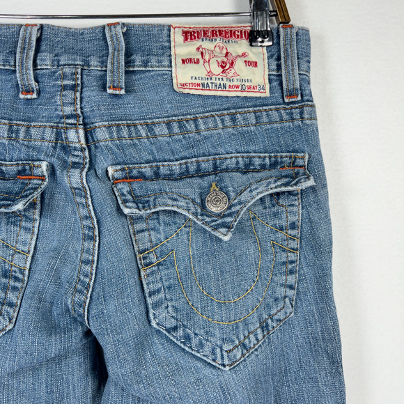 True Religion Straight Jeans World Tour Nathan Blue Flap Pocket Men's Size 30x34 - Picture 1 of 9